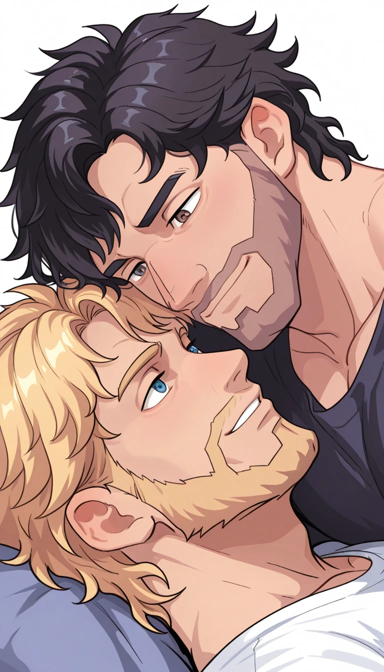 Anime, redneck, 3boys, homoerotic, satisfied facial expression, stubble, blushing nervous, intimate sexual mentoring, [A place full of sand scattered with dry branches and very arid|A landscape with Freeform]