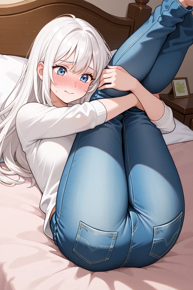 (masterpiece:1.2), (best quality:1.2),pretty young woman, long tousled white hair with a pink line, pretty blue eyes, long-sleeved dark blue sweatshirt, long jeans, black sports shoes, (natural body), medium breasts, natural curves, cute butt, serious and shy smile, in the room next to the bed, looking at the viewer with bulging eyes, (NSFW filter).