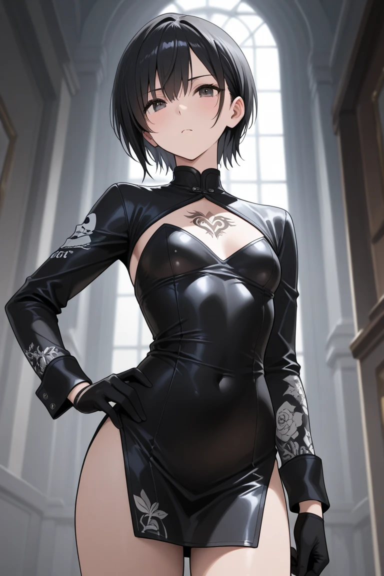 imply hetero, (recurring joke:0.2), (brazen solo:0.2), (baseless accuse:0.2), (fake confidence:0.2), lewd body tease, (poking pouch:0.2), (crotch focus:0.4), (imply busted:0.2), (deliberately lewd:0.2), (indoors, dim lit:0.2), (men group:0.2), (smug girl:0.2), (gwen spidergirl:0.8), (skimpy attire:0.2), (front page comic:0.9),