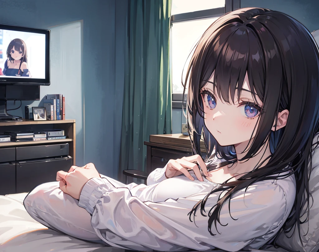 Girl listening to music in a cozy room at night, Usando fones de ouvido, Anime estilo 2D, lo-fi, hard disk, Ambiente escuro