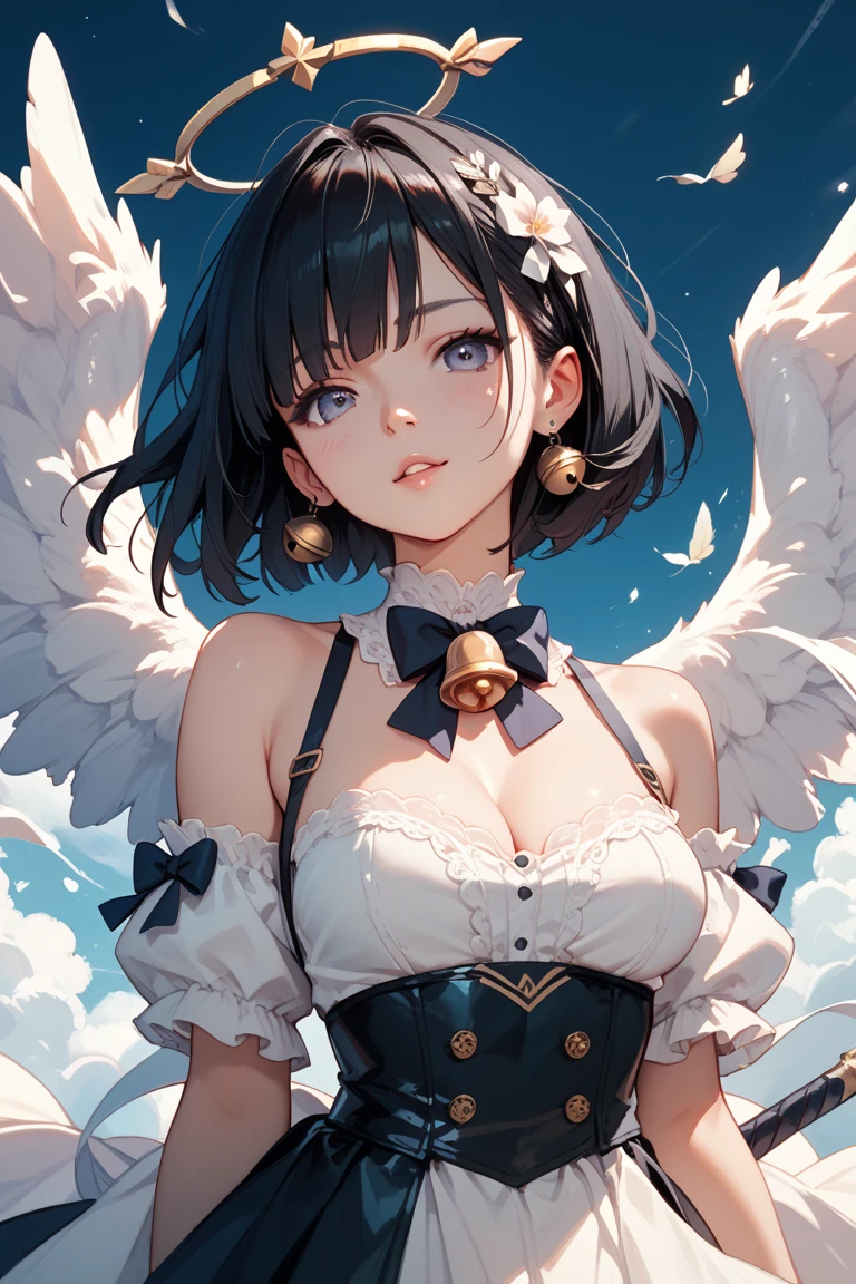 ((Masterpiece))，(Best Quality)，(Highest resolution)，(8K)，(Clean lines)，(Perfect Face，Perfect meat)，(Official Art)，（Magical girl）,, 8-year-old, Cute white outfit, Short Hair, ribbon, huge breasts, Fat,  Cowboy Shot,Big angel wings, Night Sky, smile