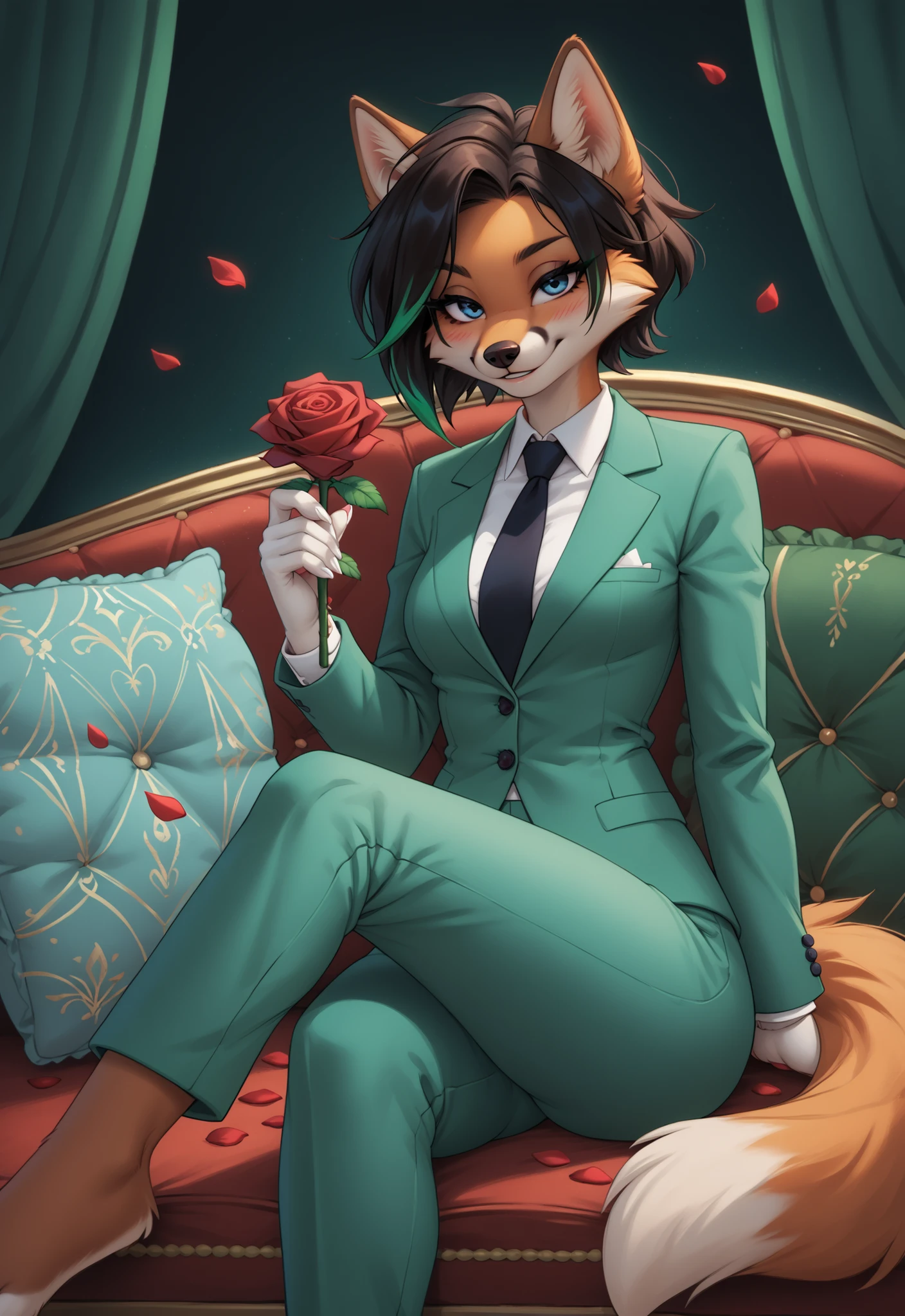 (4K HD Quality), score_9_up, score_8_up, score_6_up, anthro, solo, 1girl, anthropomorphic, furry, fox, orange fur, dark blue eyes, white face, black nose, small medium breasts, fox tail, (white claw:1.1), pink pad paws,
(Short hair, black hair, green highlights, green streaks hair),
(brown ear top:1.1), white hands, white feet, (white tips tail:1.2),
((brown arms:1.4), (brown legs:1.4):1.4),
(Green suit and green long pants (formal):1.4),
(White outline:1.2), blushing, smiling, looking at view, Half-closed eyes, (close-up view:1.1),
Sitting on couch, (green couch:1.4), (green pillow:1.4), holding red rose flower, (red rose petals:1.4), (green curtain:1.2), indoor, (simple dark background:1.2),