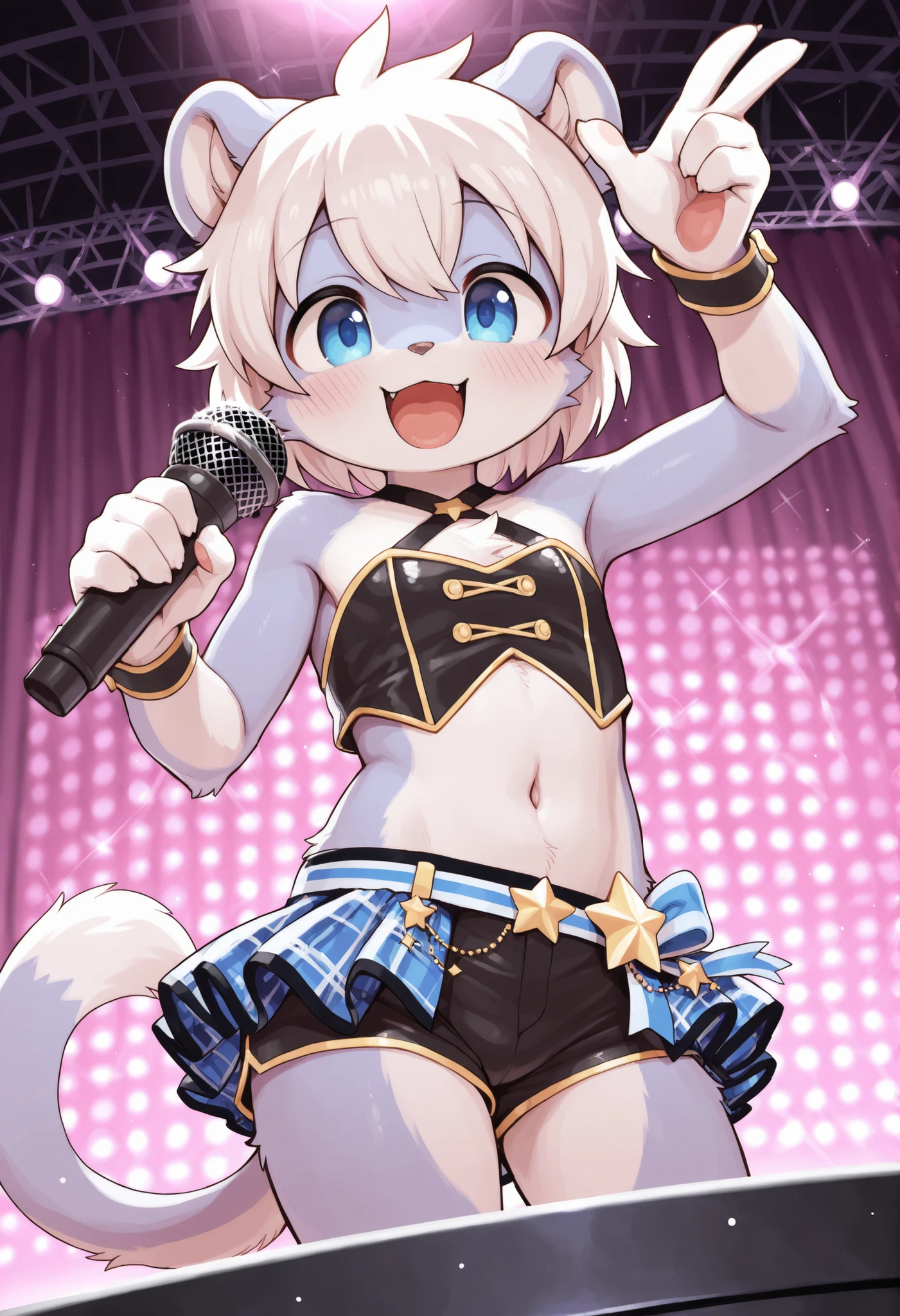 cover_page, highres, top quality, best quality, paid reward available, High-quality illustrations, unparalleled masterpiece, perfect artwork, absurdres, super high resolution, detailed background, Happy, joyful(kemono, furry anthro),kemoshota, kemoshota idol, holding microphone, live performance, tail, on stage, dynamic angle, navel, idol costume, idol clothing, idol adorns, headset, albino white cub lion kemoshota, pop star, sweat drops, light particle shining, glittered bromide, glittering bromide portrait, cute cat idol boys group, glittered background, belt shorts