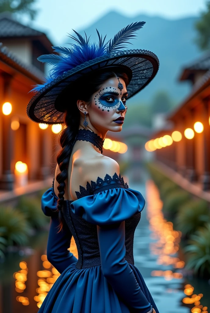Hiperrealistic cinematic poster of a woman wearing a blue gothic vintage dress and a vintage hat adorned with ostrich feathers, standing in front of a Day of the Dead ofrenda with sugar skull. The scene is illuminated with orange-tinted lighting, creating a warm and mystical atmosphere. The woman has traditional Catrina makeup, blending elegance with cultural heritage. Behind her, there is a natural water canal surrounded by natural wood, with a bokeh effect in the background. Soft raindrops fall, gently illuminated by the candlelight in the background. The poster has a standard cinematic size of 24x36 inches. Ultra-detailed, 4K resolution." 4k, hyperrealistic, cinematic lighting, vintage fashion, Day of the Dead, Catrina makeup, orange lighting, bokeh
