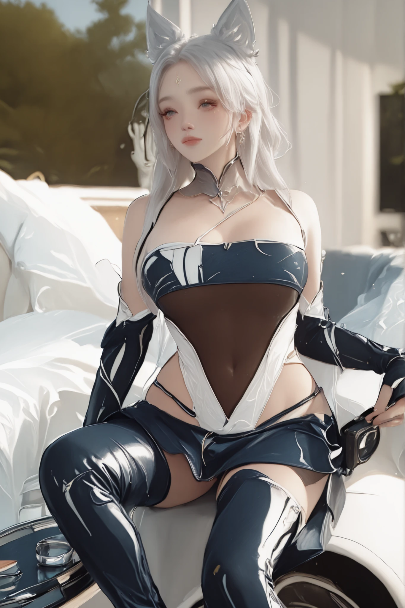 ((Best quality)), ((masterpiece)), (detailed:1.4), 3D, an image of a beautiful cyberpunk female,HDR (High Dynamic Range),Ray Tracing,NVIDIA RTX,Super-Resolution,Unreal 5,Subsurface scattering,PBR Texturing,Post-processing,Anisotropic Filtering,Depth-of-field,Maximum clarity and sharpness,Multi-layered textures,Albeo and Specular maps,Surface shading,Accurate simulation of light-material interaction,Perfect proportions,Octane Render,Two-ton lighting,Wide aperture,Low ISO,White balance,Rule of thirds,8K RAW,long braid on one side,wet panties,Take the floral panties,white panties,can saw a trace on my underwear vagina,Pink floral panties,two leg only, panties is very wet,The panties are so sheer you can see the pussy,(idle),Spread legs,can see the pussy from panties,black stockings,black garter belt,zoom in pussy,very huge breasts,Breasts as big as watermelons,tight legs,big labia majora pussy,Put hand on the genital area where you are wearing underwear,two women,big tits,There was another woman who was naked Another woman was wearing white lingerie with a floral pattern,very big breasts,big clitoris female genitalia, sci-fi shirt,pubic hair,There is a small tattoo above the genitals,Lace patterned panties,The pussy is dark in color,There is a lot of white hair on the pussy,There is sweat on the body,Pulling up panties to show her pussy,white color hair women,(white color panties),lots of white fur,Spread legs,Both hands were tied with handcuffs,Tight underwear,lot of public hair,woman with a cold personality,(There are semen stains on various parts of the pussy),leather hoodie