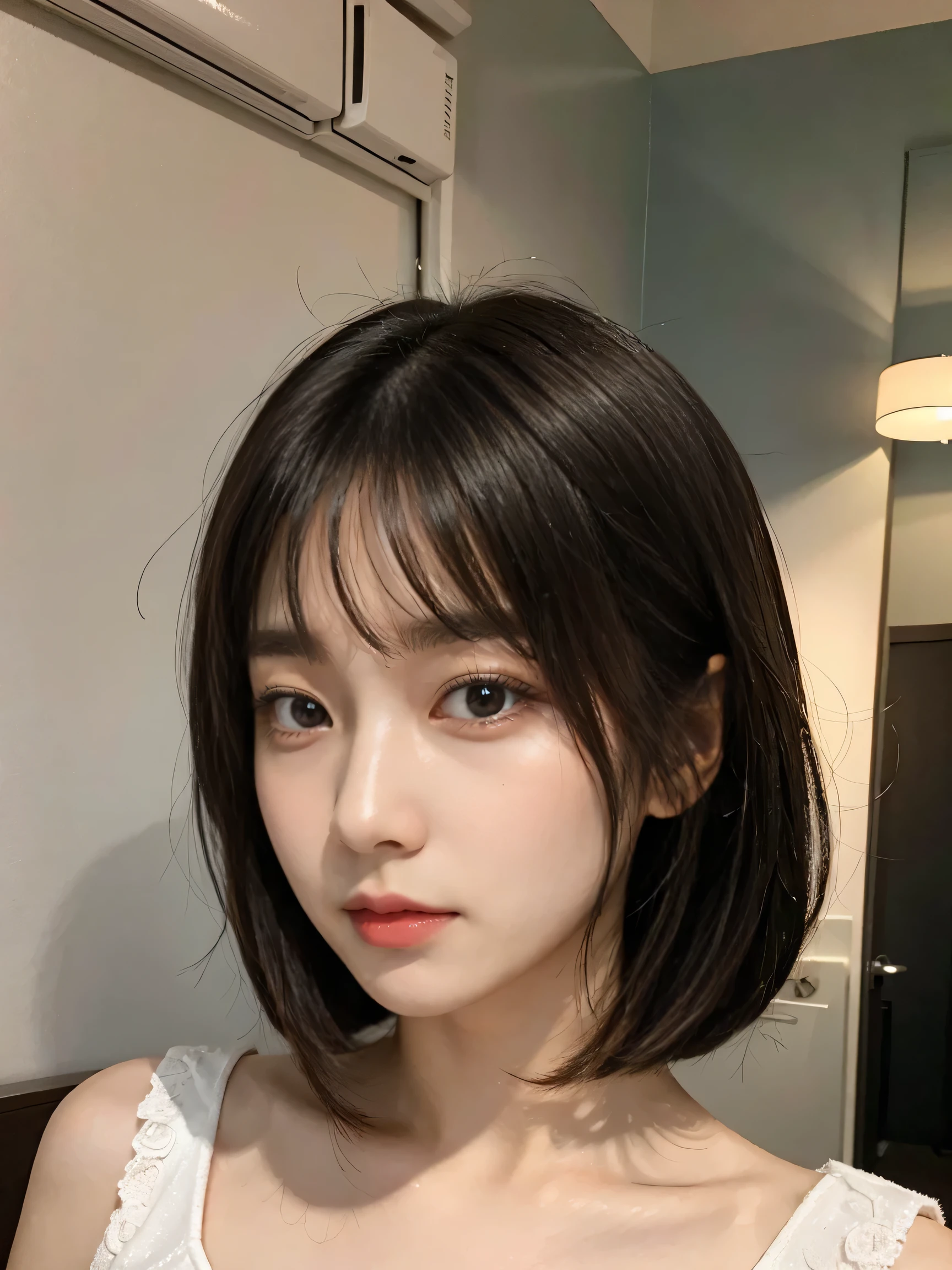 1girl, shoulder-length hair, fluffy dark brown hair, dark brown glossy eyes, long eyelashes, cute face, Japanese style, fair skin, mature aura, stylish, aesthetic look, 廃墟となった落書きのある通り, ゆとりのあるスウェットパンツ, パンクスタイル, 巨乳, ダウンブラウス, 前かがみ, にやり, アジアンガール,
