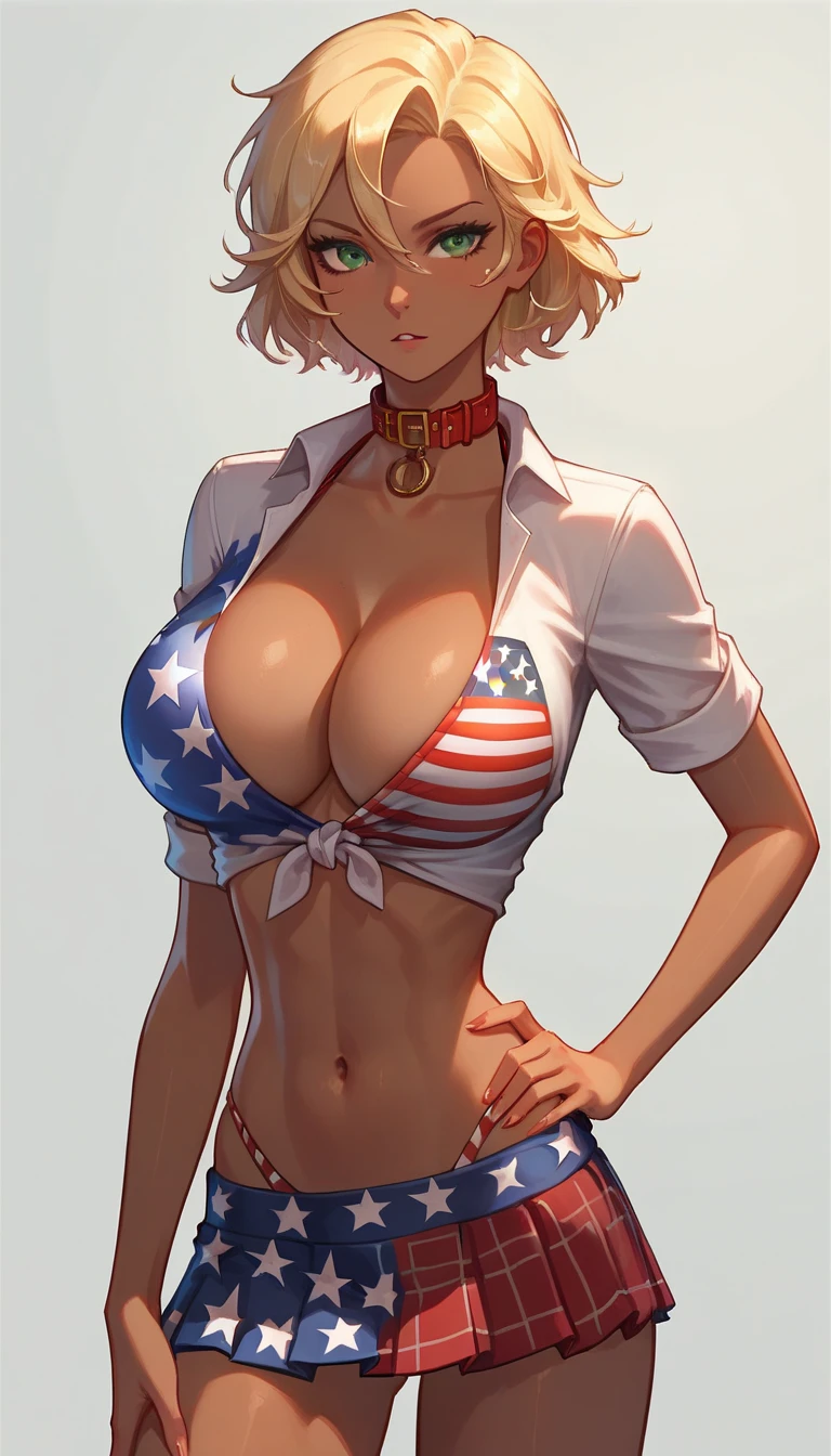 masterpiece, best quality, <lora:ikumimito-nvwls-v1-000010:0.9> mito ikumi, blonde hair, dark skin, collar, white shirt, tied shirt, american flag bikini, cleavage, plaid skirt, midriff, large breasts, wink, one eye closed, one eye open, kiss, bending over, looking at viewer, from below, sky, smile, green eyes