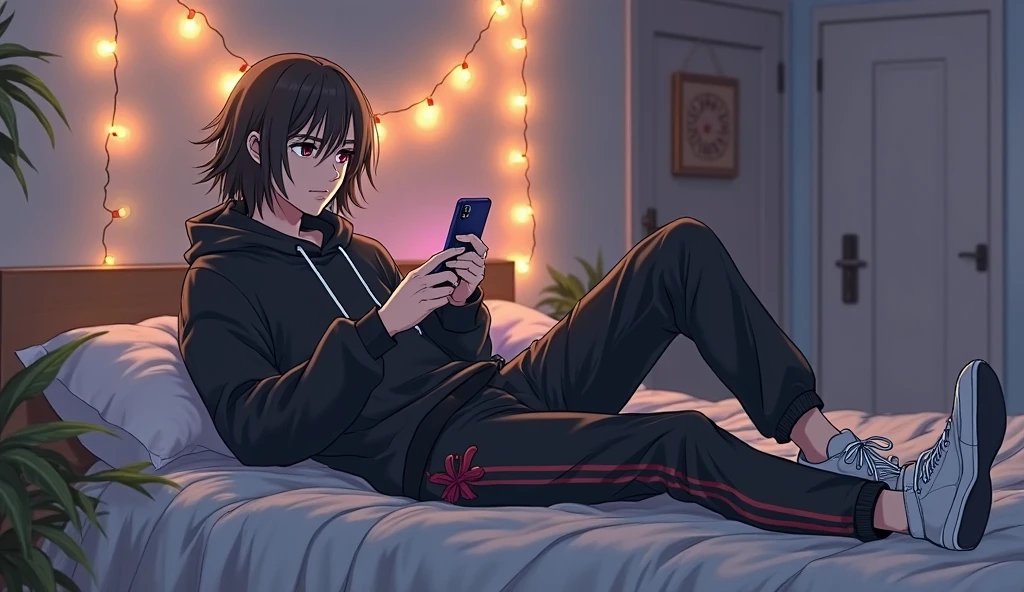 ((masterpiece)), ((best quality)), highres, (There's only one person), 1boy, kiyotaka ayanokoji, 15-year-old teenage boy, wears a sleepsuit with long black pants, red eyes, short black hair, anatomically correct full body, ((normal legs)), ((He has no shoes)), ((He has a masculine and sleeping pose)), ((Full body detailed without errors)), ((He is lying on his back on the bed looking at his phone inside his room)),  ((he has a phone in his right hand)), ((He has a smile)), ((He's looking at his phone)), ((detailed full scenario)), ((mystery)), ((romantic)), ((night setting)), ((Low light)), ((night setting))