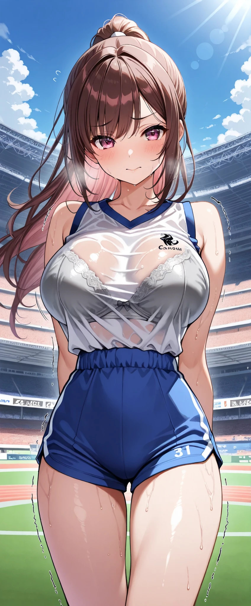 (((masterpiece)))、((Highest Quality))、(Super Detail)、(CG illustration)、(Very Beautiful Woman))、((((standing,facing the front )))cinematic light 、((1 woman))、 、(Beautiful and luxurious:1.2)、(Female 1:1.Sports Stadium ,(((runs))),((sleeveless track and field athletes who can see their underwear through their clothes ), cowgirl position with sweaty ,beautiful ponytail,,( Can you see clothes through a bra ),skinny,shaking breasts,