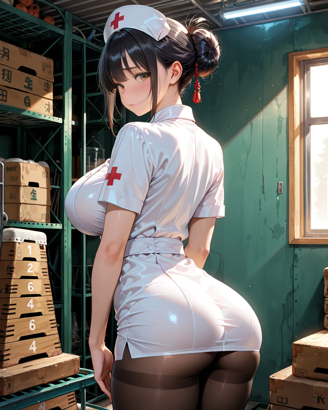 1female,35yo,plumw,extremely large bosom, 独奏,(Background with:hospitals,) She has short black hair,Stand in the operating room,,seen from the front, Twist braids, mostly cloudy sky,(((tmasterpiece),(Very detailed CG unity 8K wallpaper),best qualtiy,cinmatic lighting,detailed back ground,beatiful detailed eyes,Bright pupils,Blue eyes,Snow-whiteskin,Redlip(Very fine and beautiful),(Beautiful and detailed eye description),ultra - detailed,tmasterpiece,))facing at camera,A high resolution,ultra - detailed),revealing breasts,Bare genitalia, Bulge,legs are open,Raised sexy,Camel toes,Flushed complexion,Desire for dissatisfaction,frontage,nurse woman,Nurse hat,Blue nurse uniform,Red Cross Mark