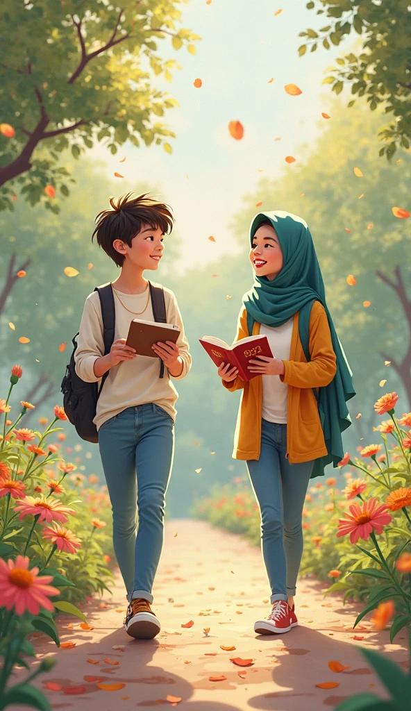 Une fille avec hidjab stylé bleue ciel aux yeux vert miel, avec une veste et une jean et des baskets, prend un chaton blanc et gris et ragarde son amoureux.

Son amoureux a une tête rectangle, cheveux rasés et porte des lunettes carrées avec des SANDALES noires, un pantalon large gris et une chemise et il lit un livre sur l'électronique

Je précise il porte une CHEMISE chemise 
il est débout avec des sandales