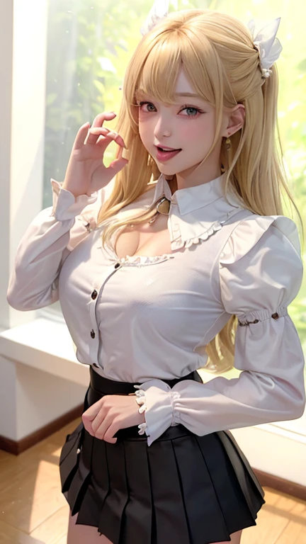 real image、(masterpiece) top quality, Super detailed, Ann Takamaki,Super realistic, woman, 、look at the viewer、double eyelid、gentle expression、((White square neck shirt))、(Navy blue hot pants), big breasts、(cleavage: 1.3) , lace bra、panties、blonde、((long ponytail))、smile、smile、knee high socks、leather shoes、sitting、(open your legs)、A rustic house in the background々There is、 dynamic angle, high resolution display, realistic lighting and shadows,