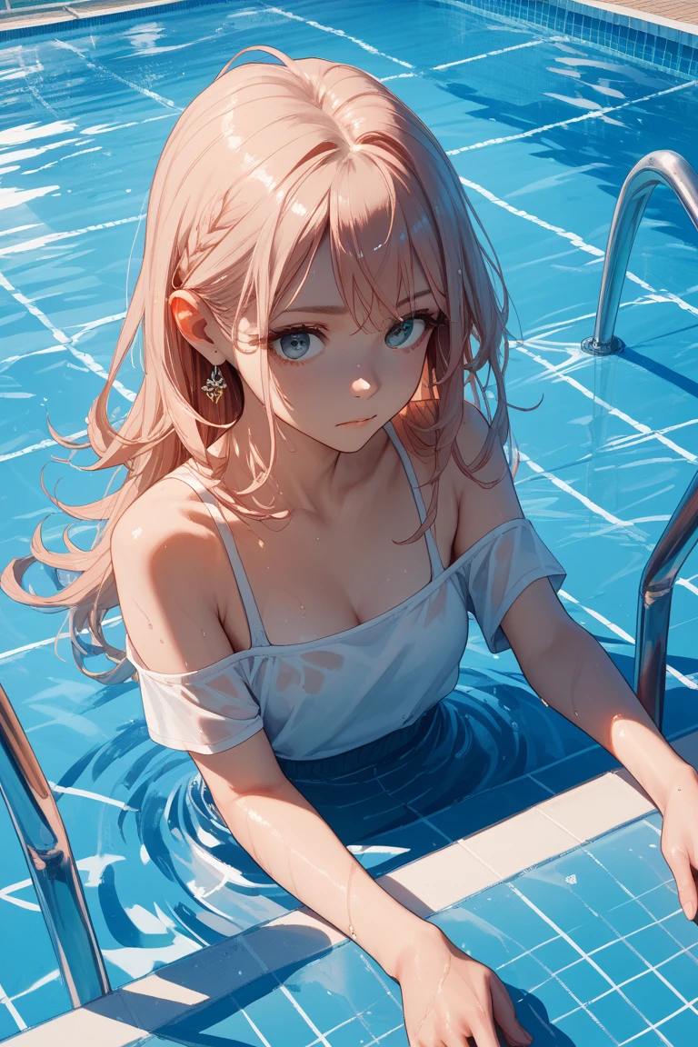 crawl on all fours、crawl on all fours、swimsuit、Light cream colored hair、Pale pink eyes、Medium Hair 、Blushing、Small breasts、Small breasts、Black Bikini、lipstick、Perfect hands、Detailed hands、Poolサイド、Pool、one-piece swimsuit, strap slip、backwards、、backwards