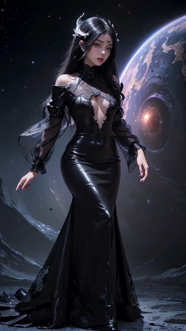 Nyx, the goddess of night in Greek mythology, is an imposing and magnificent figure. With a graceful height of 1.75 meters, she radiates a divine aura to the eyes that behold her. Her dark hair falls like a starry night, adorning her figure with a mysterious beauty.
His gray eyes shine like distant stars, giving him an air of wisdom and mystery. Nyx has an exuberant curvature, with generous breasts and a remarkably wide and well-defined gluteal region. Her proud and firm posture reveals unshakable confidence, while her black dress adorned with silver details highlights her divinity.
To the eyes of mortals, Nyx appears to be a woman of approximately 30 years old, but her beauty transcends time. Its rounded shape and generous proportions are an expression of its admirable aesthetics and divine power. Like the night itself, she is enigmatic and fascinating, a presence that inspires awe and awe.