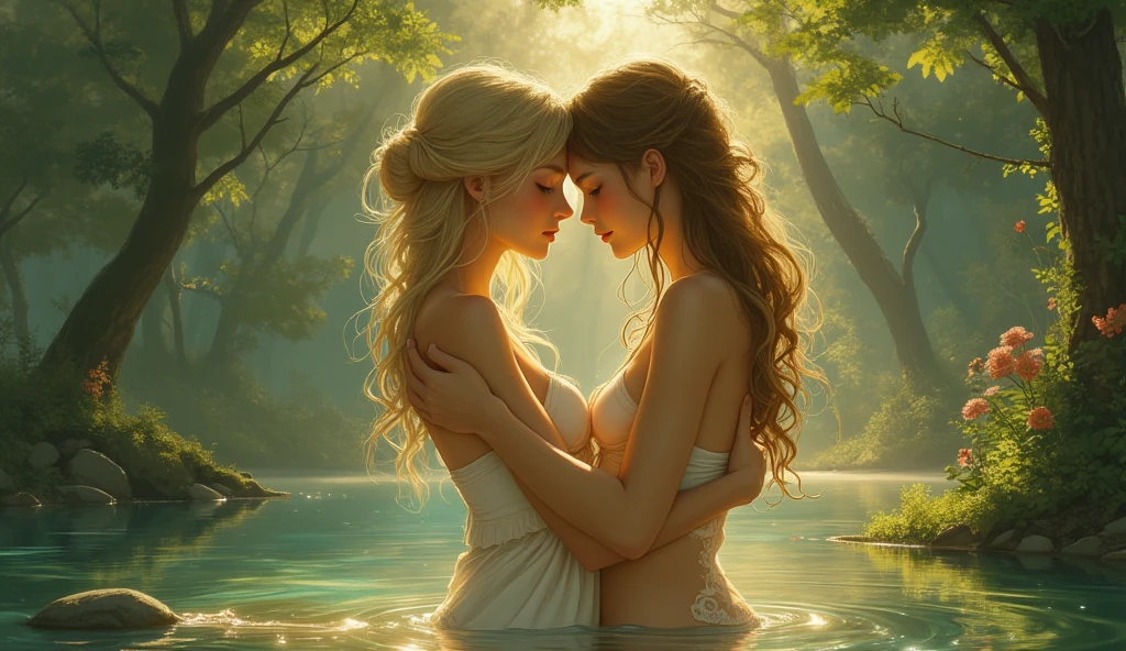 ll body many giant greek woman take a bath and talking together, river, water, litter flower, plan, tree far away, dramatic sky, dramatic cloud, on a dust field, full body, naked, female greek,female greek god, white hair, hairy torso, fantasy, intricate, elegant, highly detailed, digital painting, artstation, concept art, smooth, sharp focus, illustration, art by gaston bussiere and alphonse mucha, naked