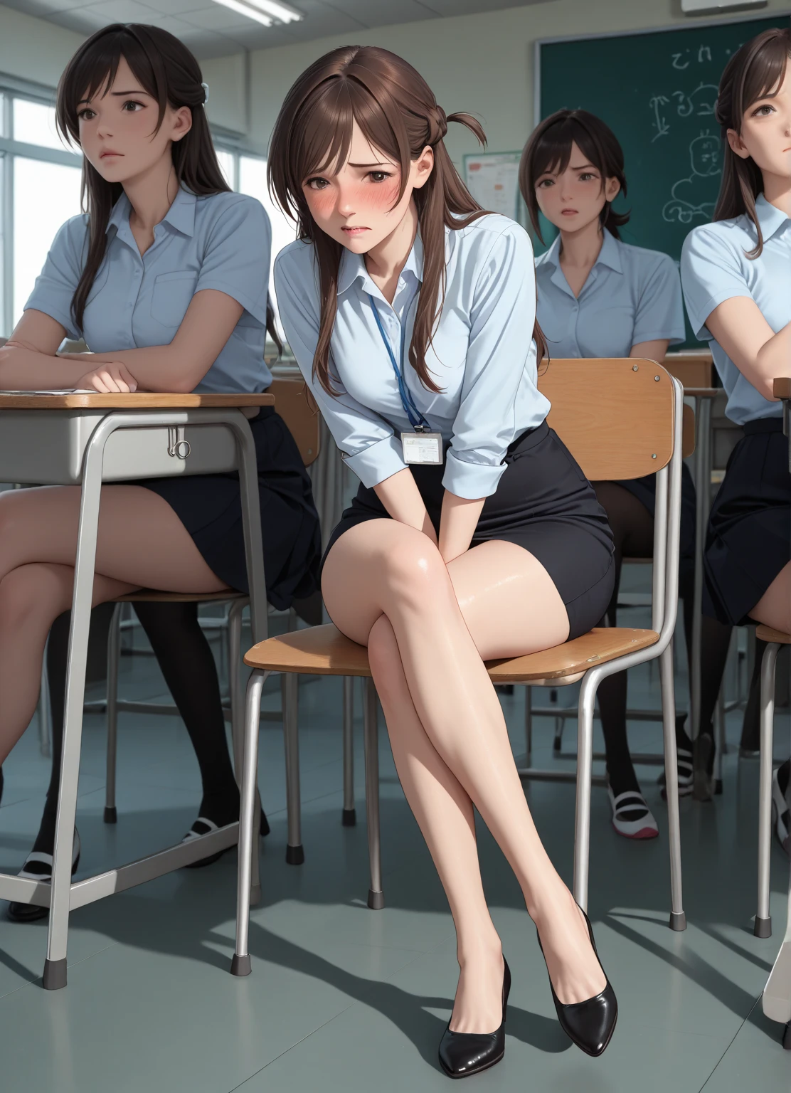Female teacher pees in group photo、When taking a group photo with many students, only the female teacher pees、There are many students behind the female teacher.、The students are facing the same direction as the female teacher、Urinary incontinence、peeing herself、A lot of pee、From below、White Suit、White Mini Skirt、White High Heels、Perfect figure、Extremely beautiful、Peeing while standing upright、Steam rising from the pee、Female teacher is embarrassed、Many students are looking at the female teacher
