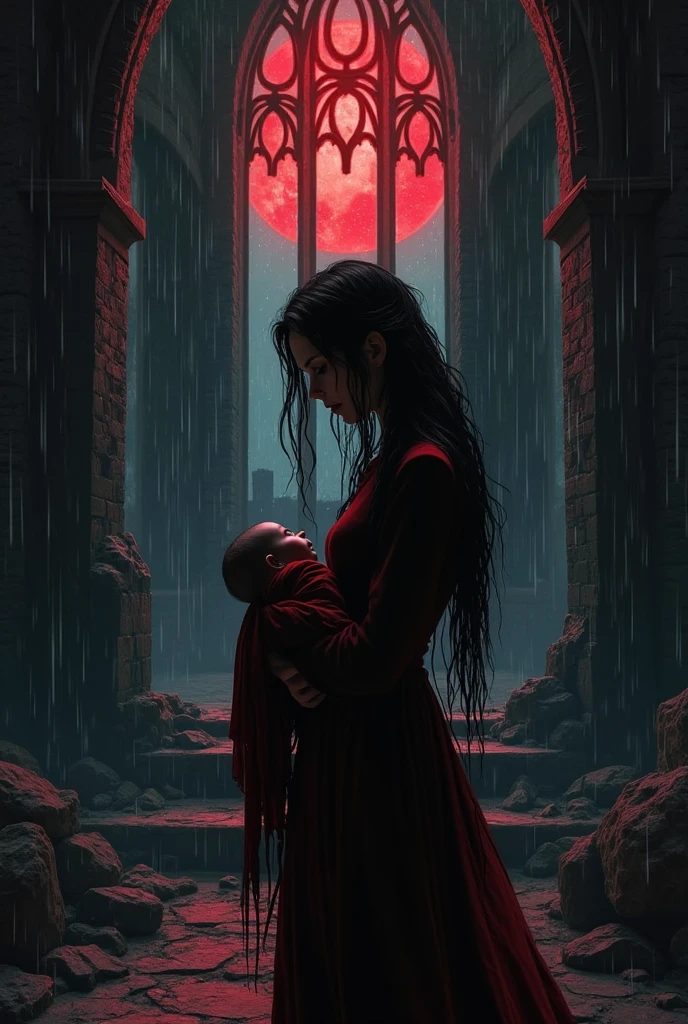 quality\(masterpiece, best quality,8k,wallpaper of extremely detailed CG unit,hight resolution,top-quality,top-quality real texture skin,hyper realisitic,increase the resolution,RAW photos,best qualtiy,highly detailed,the wallpaper\), BREAK ,(1couple\(1male vampiress holding 1victim\):1.4), BREAK ,1 vampire\(1girl,young,25 years old black hair, long hair,floating hair, beautiful hair, shining hair, (sharp fangs),open mouth, red eyes, glowing eyes, big eyes, frilled shirt, gothic cape, gothic frilled skirt, gothic black boots, tall,breast,pale skin,floating in sky\), BREAK ,1victim\(1girl,small,10 years old,listlessness,(weakness),(throwing head back),warped back,silver hair,long hair, hospital gown ,eyes closed,skinny,short,breast,weak,pale skin,silver eyes,bloody neck,bare feet\), BREAK ,background\(grave yard,very dark night, beautiful full moon,red moon, many red roses, thorn (ivy:1.4), rose petals in the sky\),close-up 1couple,(dynamic angle:1.5),(from below:1.3)