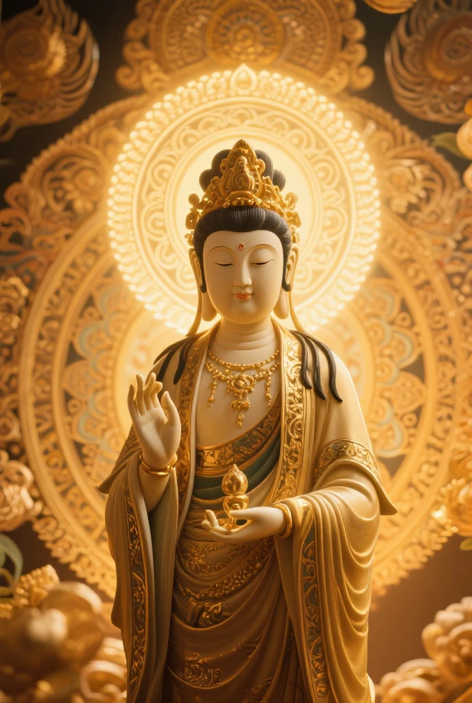 `Guanyin Bodhisattva has a baby face and is beautiful in golden attire