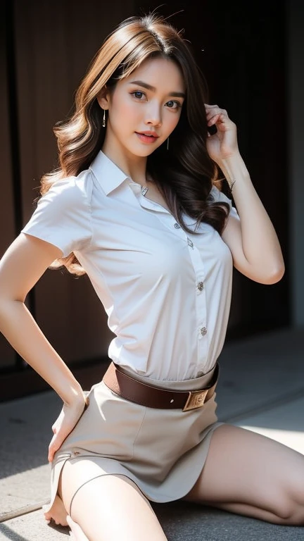(8k, high resolution,Masterpiece, best quality, alone, complicated details, Chromatic aberration), realistic, ((small breasts)), ((small breast)), ((small breast)), (Chest sagging.), hair in one eye, big round hoop earrings, Diamond choker, gold necklace, silver necklace, small watch, bangle, bracelet, Anklet, Waist necklace, (symmetrical eyes),(Perfect symmetrical body), (Photo of a beautiful teenage girl of 24 years old), Beautiful and charming with contemporary fashion paintings as well., looking at the audience, ((Behind the scenes of a large classroom)), (black short skirt), (((Wear a blue shirt over it., ((White short sleeve shirt), (Open your shirt.), )), (open chest), (Chest sagging.))), (()), (Long square leather belt buckle), ((Put your hands down.)), (bob, medium length hair, Side flatness, Blonde hair, (There is a thin layer of hair covering the face.)), sharp eyeliner, eye shadow, Blush, with thick eyelashes, Sharp eyes, purple eyes, pink cheeks, Very delicate and beautiful, round chin, Sharp focus, elegant, (Open your legs fully on the study table.), (Sit with your head turned away with your legs open.), (Open your legs and lift your right leg apart from your left leg.),
