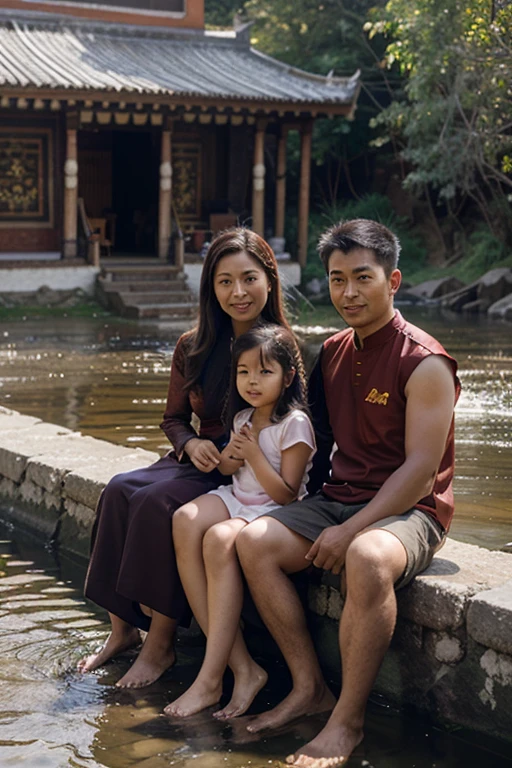 there are two children standing next to each other on a deck, an indonesian family portrait, barong family, barong family member, children, family, portrait picture, photo portrait, happy family, full protrait, family portrait, portrait image, portrait shot, portrait of family of three, family photo, awarding winning, backdrop, potrait