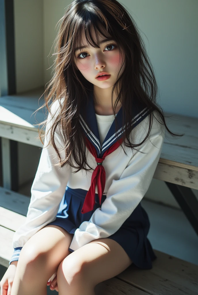schoolgirl, Brown hair, Medium hair, Sailor suit, (Naked:1.1), (Blushing:1.0), Detailed face, Roadside, POV crouching,Expose the inside of your legs,