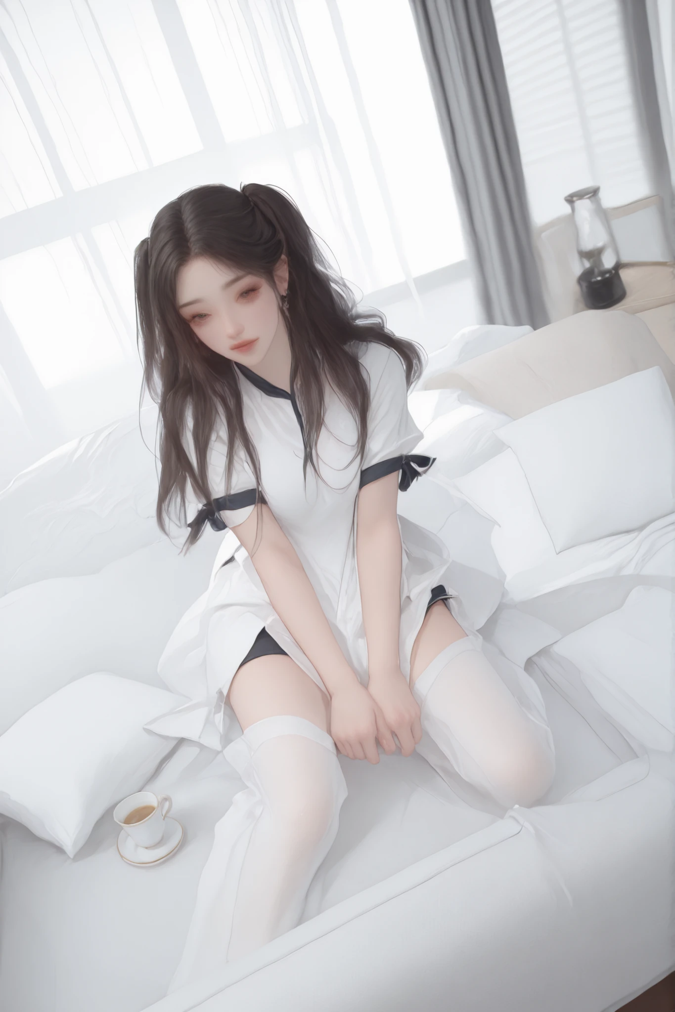 (Highest quality、Masterpiece)1 very Little S、White dress、White pan the right ankle、White knee-high socks、No panties、Lyn、Sleeping、Semen overflows fhe pussy、One leg raised、Isee her pussy、Don&#39;t cover your  with your hands、Eyes closeen overflowing from pussy、M-shaped、Sleeping on one side、