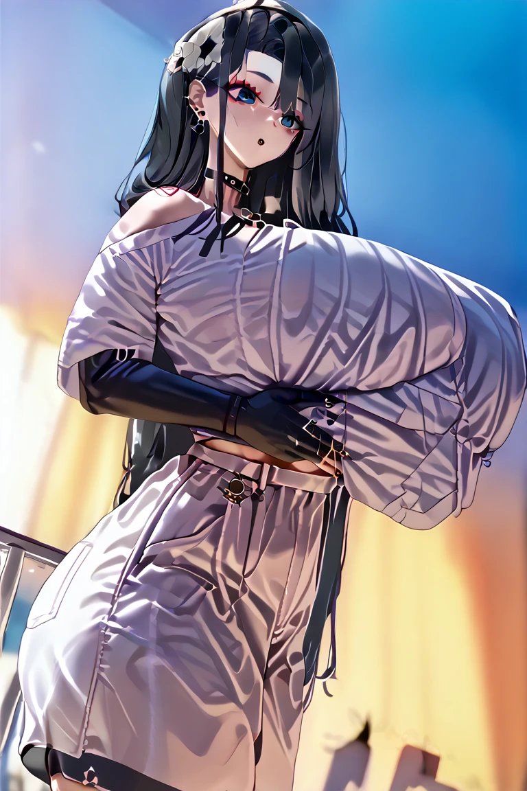 A woman dressed in white, with an exposed figure, lying on a bed. Hands and feet rope tied up, rope, lying at the feet of a man