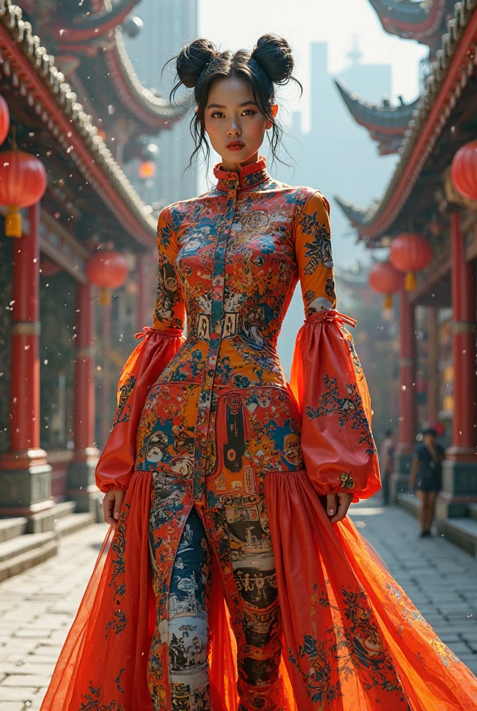 A high-fashion model in an elaborate Hanfu by Alexander McQueen, with her back to the camera, stands in a bustling metropolis of futuristic architecture. This Vogue full-length photo shoot by Andreas Gursky blends tradition with modernity