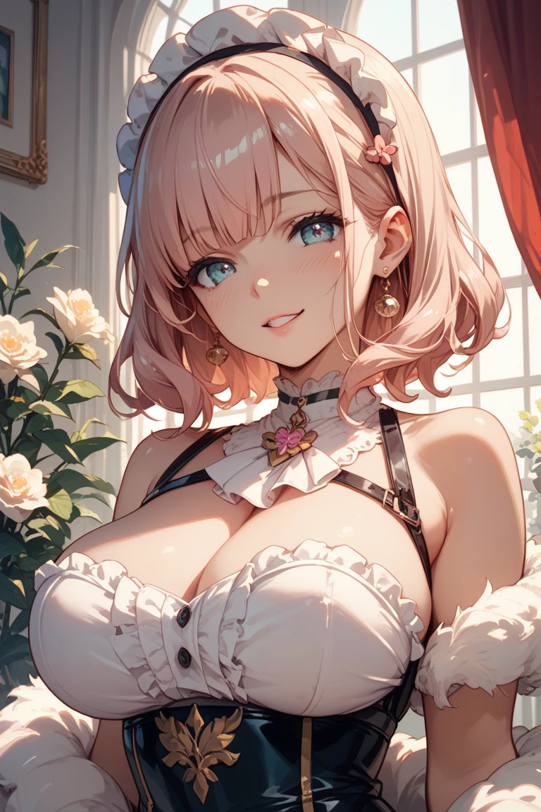 (((masterpiece))),(((High resolution)))、(((8K quality)))、(((Perfect Face)))、((Top quality eyes)), One girl、24-years-old、Best Bust、Medium chest、Beautiful Eyes、hot pink hair, very short hair、blue eyes, Victorian Maid、Dynamic Angle, blush、smile, The rich mansion、Luxurious Rooms、Luxury furniture、