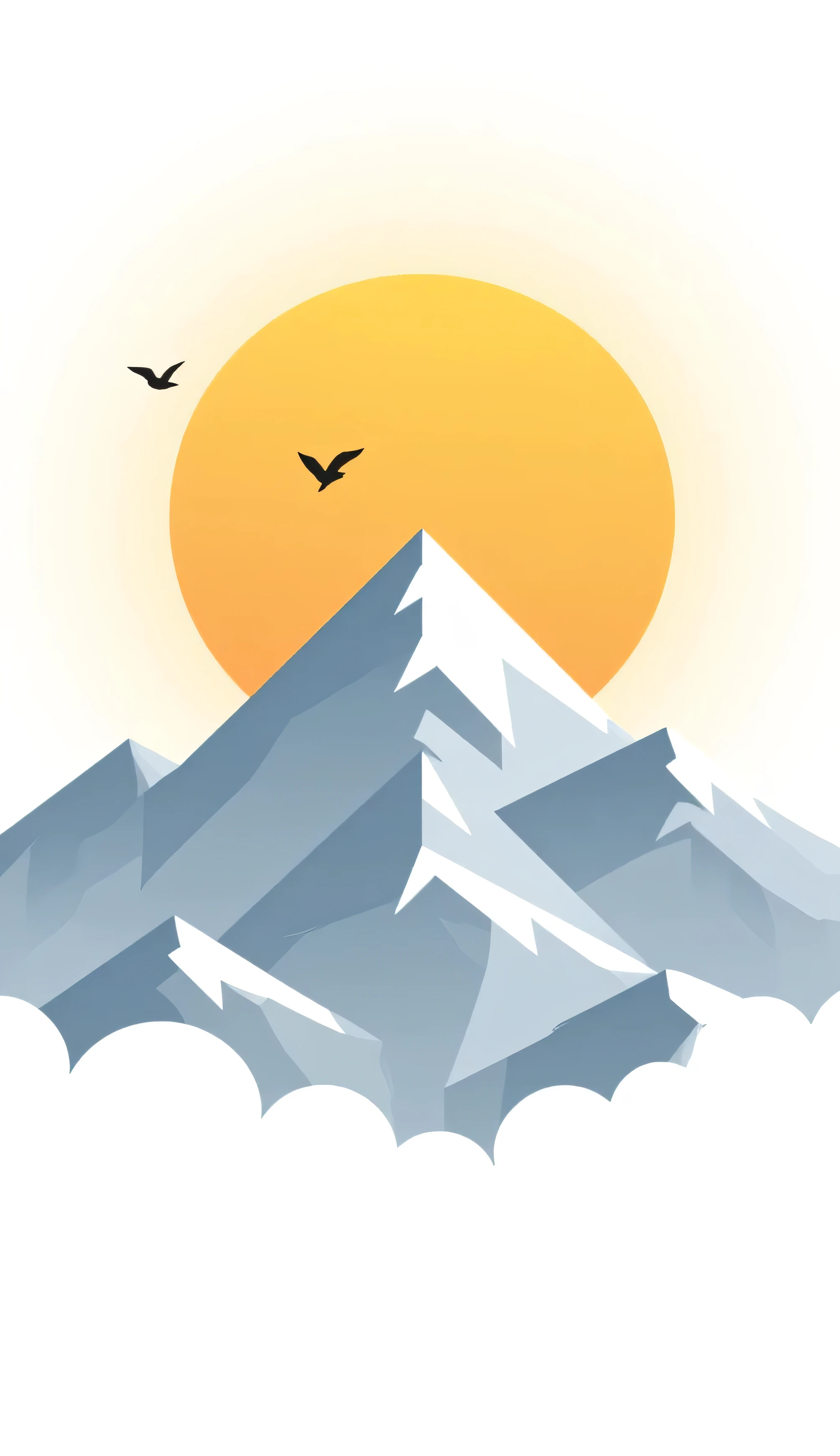 Minimalist art style, stylized minimalist vector art of a white , yellow of mountain, white sun featuring a stylish sunset vibrant colors,white ,birds on sky , flat glossy perspective, stylized white mountains and magenta and yellow mounatins,yellow ,mountains of every area , simple geometric shapes, stylized clouds, vibrant and detailed color , ambient lighting, digital art style, detailed & minimalistic , flat vector-style design, displayed on a clean white background