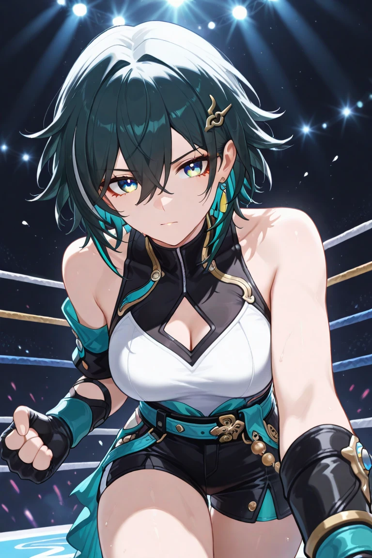 masterpiece, best quality, absurdres, nino, 1girl, solo, looking at viewer, smile, short hair, open mouth, blue eyes, skirt, hairband, green hair, belt, cape, purple hairband, 
surprised, confused, ?, spoken ((Tight leotard)), ((sexy pose)), ((Wrestling ring)),