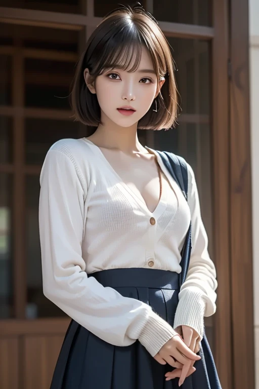(((masterpiece，Highest quality，Ultra-high resolution)))，(((極めてdetailed，detailed)))，((Highest quality，8K，16K，))，Japanese，high school girl，Graduation trip，girl&#39; School，Reader model，Gal，cute，beauty，sexy，glamorous，uniform，cardigan，blouse(Wearing clothing directly on the skin)，mini skirt，Knee-high socks，boots，evening，Young people，classmate、