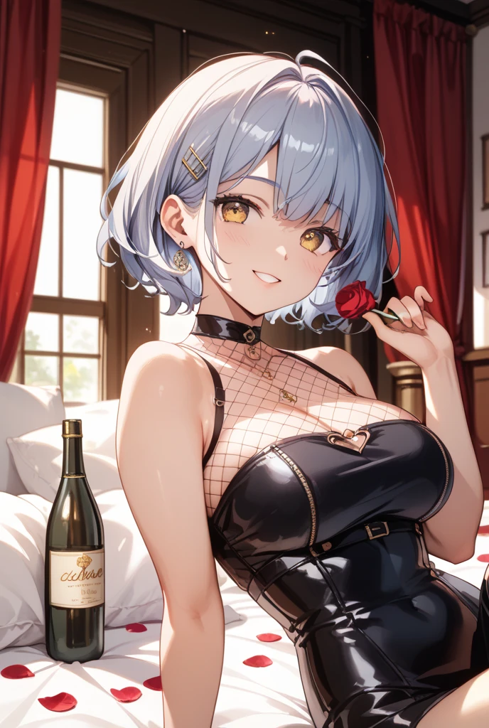 "An elegant woman wearing a stunning dress inspired by Suites playing cards. The dress features intricate cup patterns, diamonds, swords and clubs, with gold and silver details that shine in the light. She is standing in a luxurious hall with a casino atmosphere, holding a glass of champagne with grace and confidence."