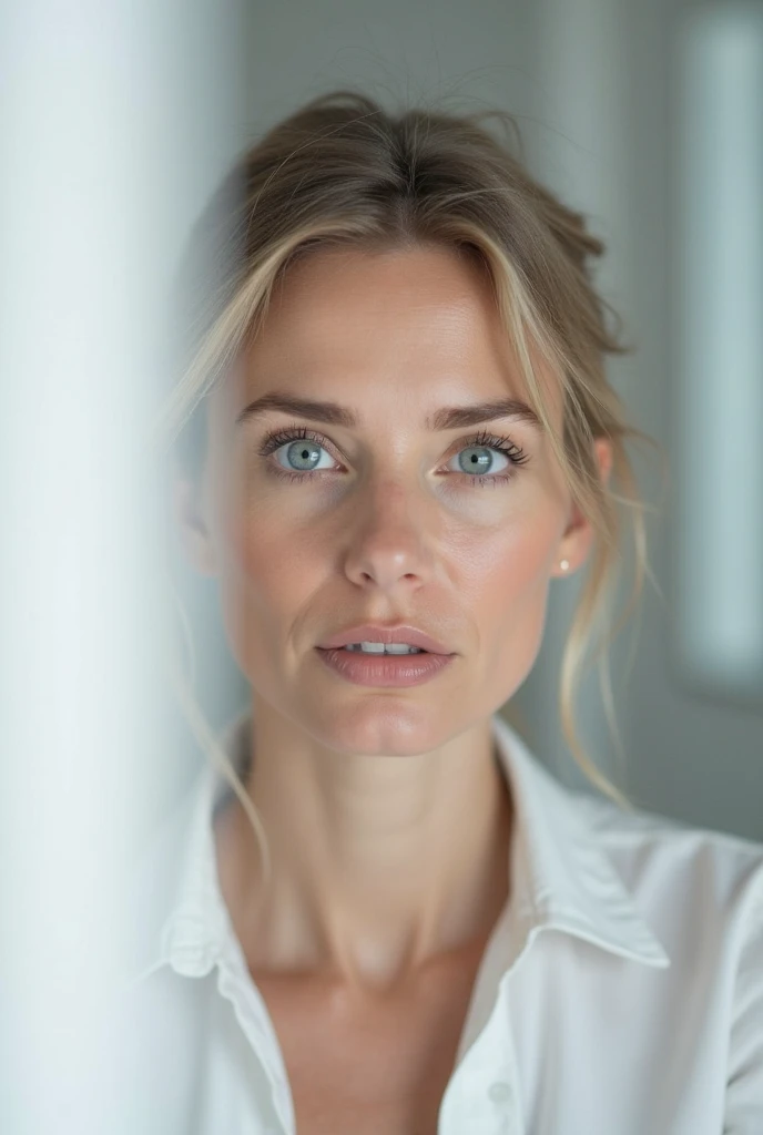 portrait photo of an 20 years old european blonde haired woman sitting in office,  \(biting her lips\) , 8k, uhd, realistic, detailed skin, insane detailed, Illumination daylight,  <lora:makeup_050_cosine_iter2_ 0012_sdxl_10epoches_adafactor-step00006200:1.2>,