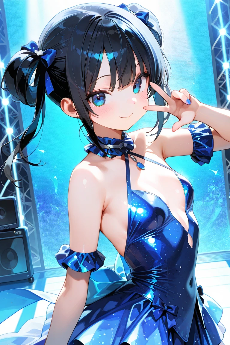 Background stained glass, background night sky, Background stars shining, full body picture, spread legs, full body, twin tails, black hair, air ornament, white dress, blue bowtie, cleavage cutout, blue ribbon, arm ribbon, short dress, white gloves, barefoot, blue bow, blue bowtie, bow, bowtie, cleavage, cleavage cutout, clothing cutout, dress, gloves, pencil dress, (rei no himo:1.5), short dress, white dress, white gloves, masterpiece:1.3), (High resolution), (8K), (very detailed), (4k), (pixiv), perfect face, beautiful eyes and face, (highest quality), (Super detailed), detailed face and eyes,((highest quality)),((table top)),((perfect face)), detailed5two-fingered hand,1 girl and fantasy style, ((holographic)), (stripes of light), impressive visuals, Like the cover of a movie, (dynamic streak, path of light:1.2), bright colors, and face up,dynamic pose