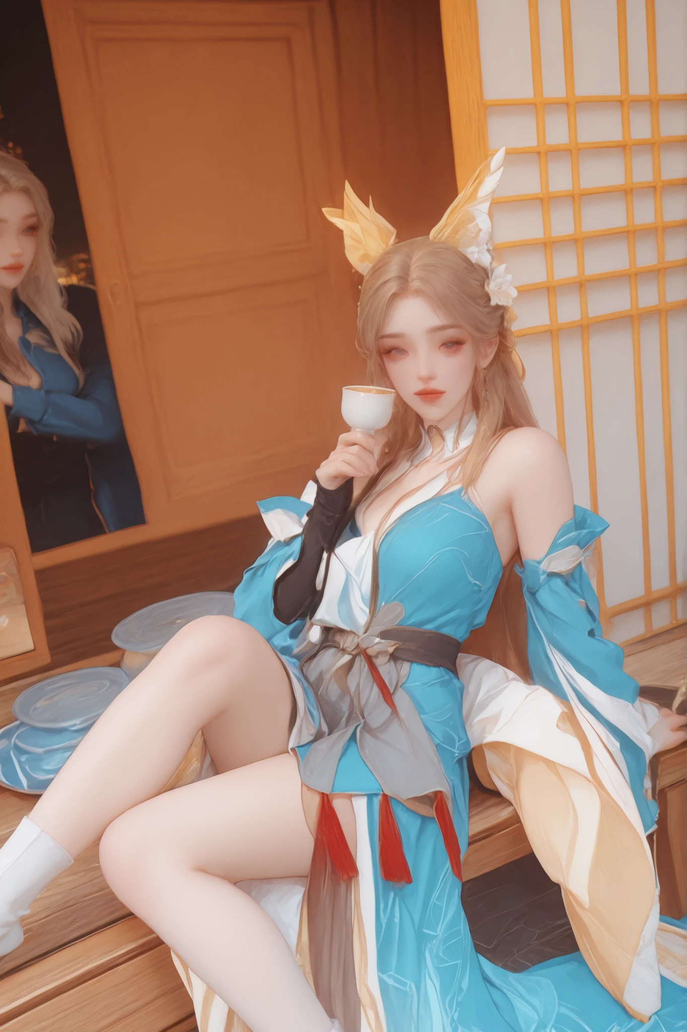 Change to a full-body photo of a woman，G cup，Perfect Details，has exquisite facial features， Clothes are exquisite ， Game Character Design ，3D Rendering