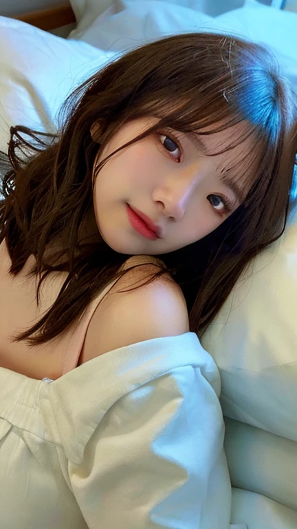 (8k、RAW Photos、Highest quality、masterpiece:1.2)、((naked、Nipples、pubic hair))、(Realistic、Realistic)、1 girl、(naked、Old Japanese-style room、On the bed、Sleeping facing up、moonlight、night、smile))、cute