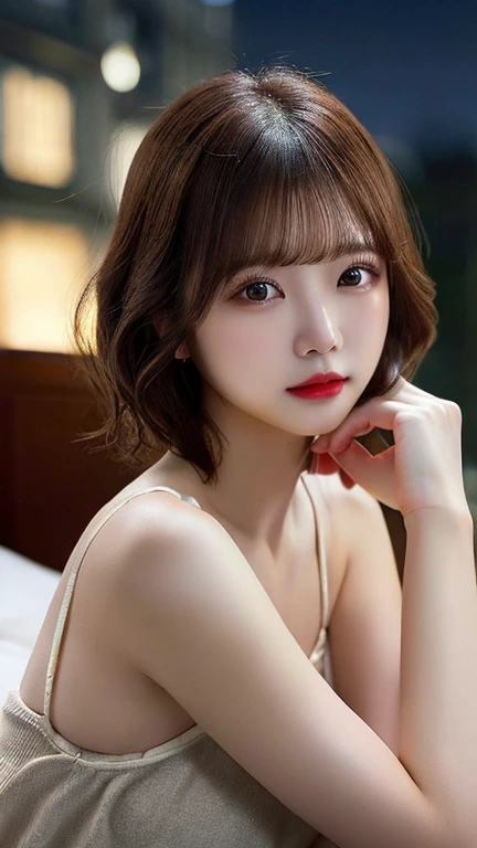 (highest quality、table top、8k、best image quality、Award-winning work)、(one young girl, 14 years old:1.3)、(Perfect V-neck red long knit sweater:1.2)、(red eyeshadow:1.2)、perfect makeup、long eyelashes、Super high-definition sparkling eyes、ultra high definition hair、ultra high resolution glossy lips、Super high resolution perfect teeth、Super high resolution cute face、brown hair、(very short straight hair:1.1)、look at me and smile、[clavicle]、accurate anatomy、(close up of face:1.5)、Luxury love hotel、(The most moody warm lighting:1.2)、blurred background、With bangs、Super high-resolution glossy and moisturized face、Super high resolution glowing skin、most detailed face、Ultra high resolution detailed faces、ultra high resolution hair、Super high resolution sparkling eyes、Beautiful face drawn in every detail、Super high resolution glossy red lips、big breasts、cleavage