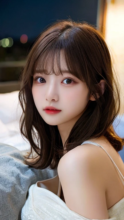 masutepiece, Best Quality, Illustration, Ultra-detailed, finely detail, hight resolution, 8K Wallpaper, Perfect dynamic composition, Beautiful detailed eyes , Dark indoor, Sexy face,Sexually aroused face、medium-full shot、Lying down in bed