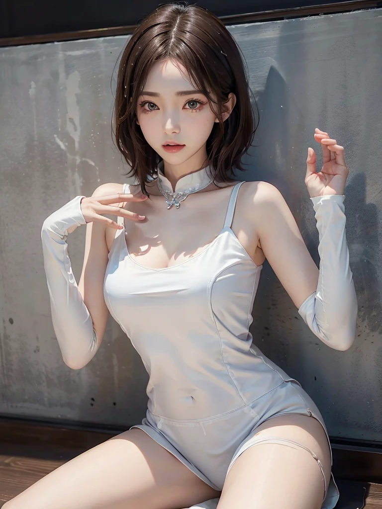 In 8K. HDR.hyper realism、master piece 1.4、wlop1.4、cinematic、Detailed content、Super detailed、Ultra-realistic in every detail、Live photo 1.4, Highest quality 1.4、 Super detailed 1.4、very detailed、perfect shading、Low angle full body shot 1.2、1 photo、Commercial photo 1.4、50mm 、film grain)))(((short bob、bob hair、black hair、bangs)))、(((Nurse、nurse uniform、nurse cap、leggings、high heels)))((( simple background、Blue-gray background)))(((sweaty body、plump body、)))(((japanese woman, 20-year-old、small face1.3、5 finger body image 1.3)))、(small breasts、small breasts、small breasts、cup、Darkened armpits)、(Skin details highlighting veins glistening with sweat、Fine skin with visible pores、reality, Fine skin like downy hair, Realistic and dense skin、Realistic face with freckles、very fine and beautiful face、beautiful and well-proportioned face、very pretty face)