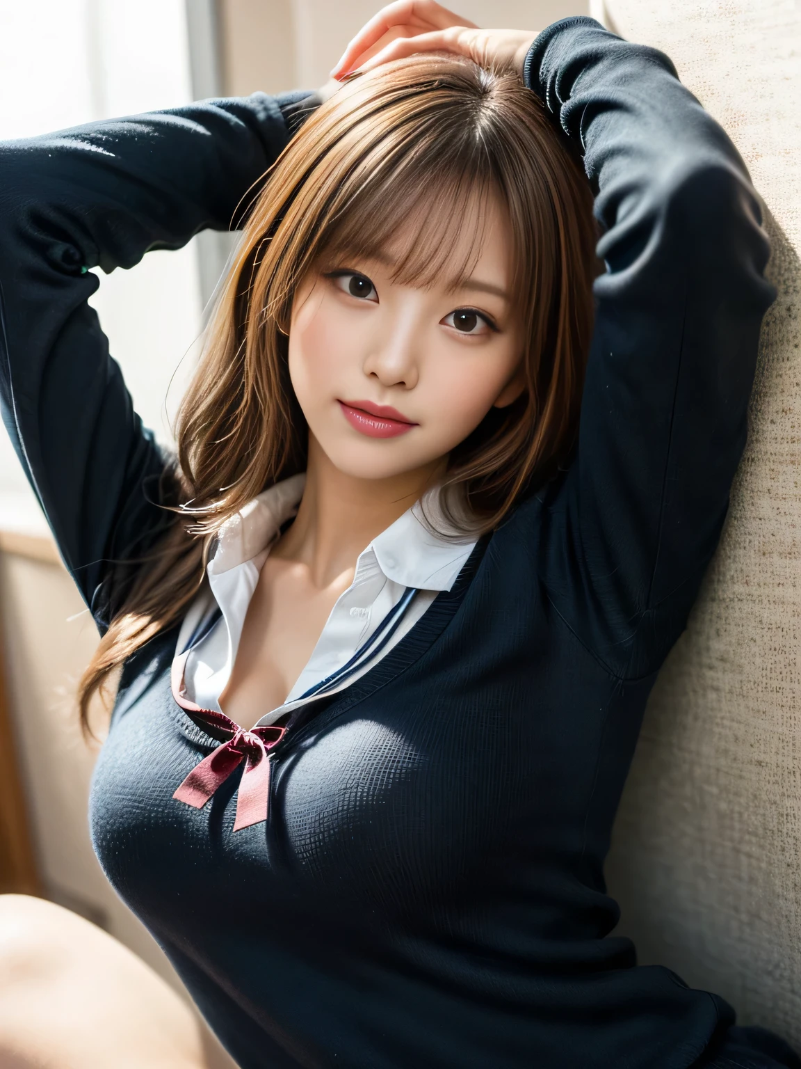 Mix 4, (16K, original photography, Top image quality, Masterpiece: 1.45), (realistic, Realism: 1.37), a girl, 7.5, ETC、Random hairstyle、Lying down,Noon hours、a very cute one, The scope of the shrine,, professional lighting, photon mapping, a park、Physically based rendering, Gradient dark brown hair,Well groomed and beautiful eyes、big double eyelids、Very shiny、girl with, (((school uniform、日本女学生穿的Long-sleeved sailor suit、Red cuffs、Dark blue mini skirt, Small gray berets、Dark blue knee-length socks、black loafers))), high quality photos, high resolution, 1080P, (clear face), (detailed facial description), (Detailed description of the hand), (Masterpiece), (Exquisite CG)、extreme light and shadow、messy hair、masterpiece、Rich details、(Exquisite facial features)、(high quality photos)、(Masseter muscle film)、(delicate eyes)、look in front of you、Thin clavicle、((Slender and long))、(((Japanese long sleeve sailor suit)))、((Ready idol system))、((The scope of the shrine、Tori Gates、hand water club、Little Manu))、(Shoot from a random angle)、(((Anyway, very cute)))、earrings、bright smile、Draw the whole body starting from the knees、Do not draw nasolabial folds、(((Long-sleeved sailor suit)))、(saggy :1.2)、There is a lot of tension in the buttocks、twwo legs、(((from the front:0.7)))、karate、no mask、