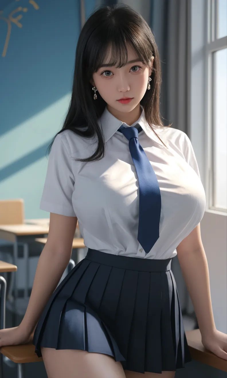 Beautiful girl, black hair, big breasts, wearing a teacher's uniform, on the table, in the classroom.
