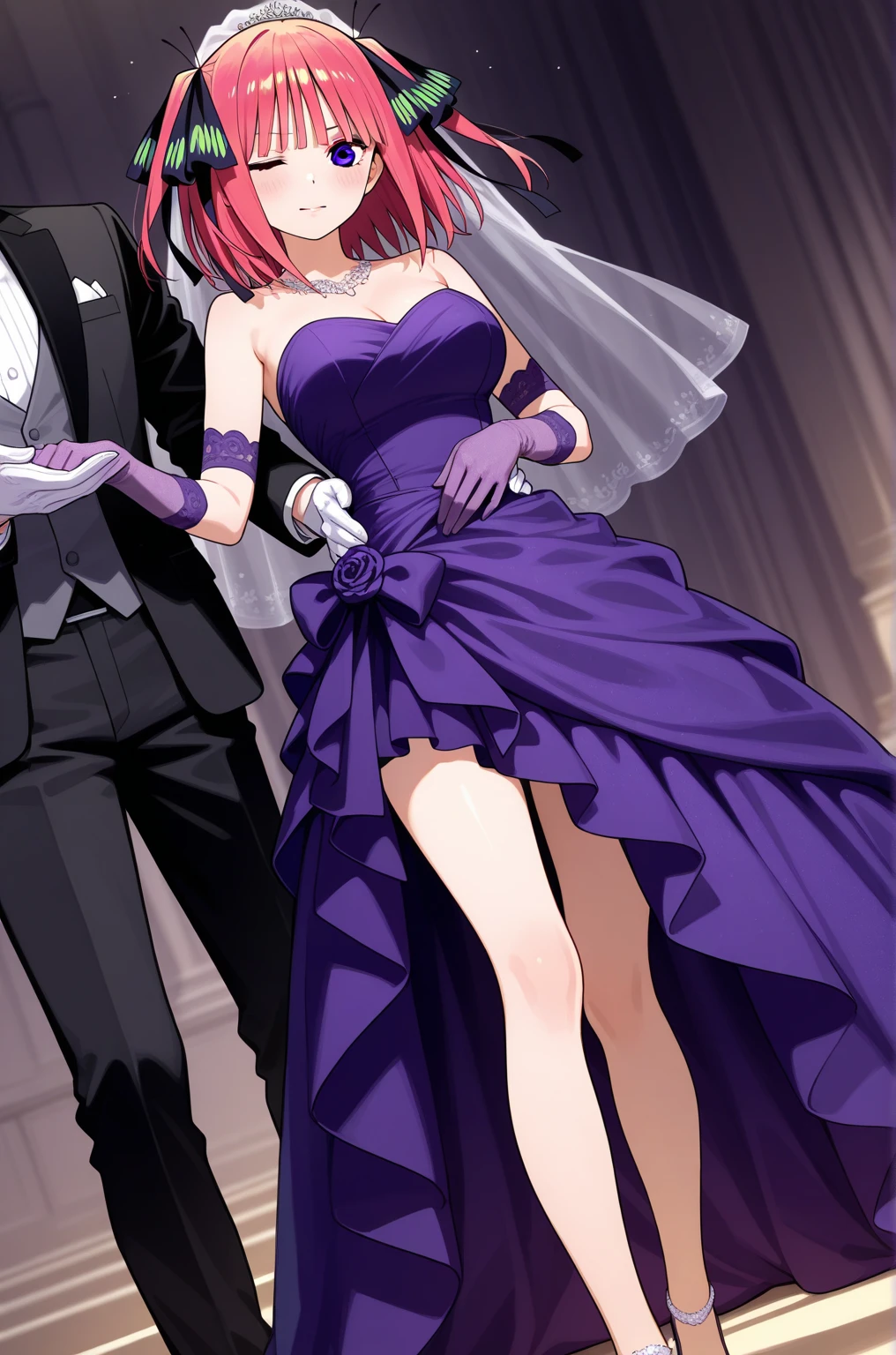 1female, Purple Hair, Green Evening Gown, Curly Hair, Silver Necklace, High Heels, Blue Eyes, Elegant Expression, Tall, Socialite, Adult Female, Ballroom, Mingling with Guests
