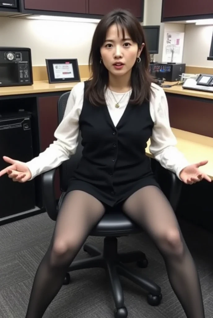 loafers、smile、Bright office、(((alone))),(((Mature Woman1人))),  beautiful, shape, Highly detailed skin, masterpiece, Highest quality, Highly detailed face, Vibrant colors, Written boundary depth, Cinema Lighting,, 一人のMature Woman, alone, Straight Long Hair,blush, (White business shirt:1.3, Black business vest:1.7, Black tight mini skirt:1.7, Black high heels), masterpiece, Highest quality, High resolution、Sit with your knees bent, beautiful足, At the office, As if looking up from below, ((Embarrassing, blush)), Browsing Caution, White panties, (((White erotic panties))), Thighs、Plump body、Mature Woman, (Full body image, From head to toe, Front image, Face the viewer, View your viewers)