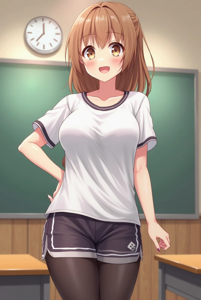 kurokoshirai, kuroko shirai, brown hair, long hair, (parted bangs:1.5), (brown eyes:1.7), Ringlet, twin tails, hair bow, bow, red bow, (big breasts:1.5),
break,Wearing wet gym clothes and bright red bloomers:1.3, twin tails、simple white legwear:1.3、
break looking at viewer, , whole body,
break indoors, classroom,
break (masterpiece:1.2), highest quality, High resolution, unity 8k wallpaper, (shape:0.8), (fine and beautiful eyes:1.6), highly detailed face, perfect lighting, Very detailed CG, (perfect hands, perfect anatomy),(A smile only on the lips:1.2)、(sweaty:1.3)、(blush:1.3)、sexy pose、(Playing with her breasts and crotch through her costume:1.5)、Kuroko Shirai is brainwashed and forced to masturbate、liquid flowing from the crotch、