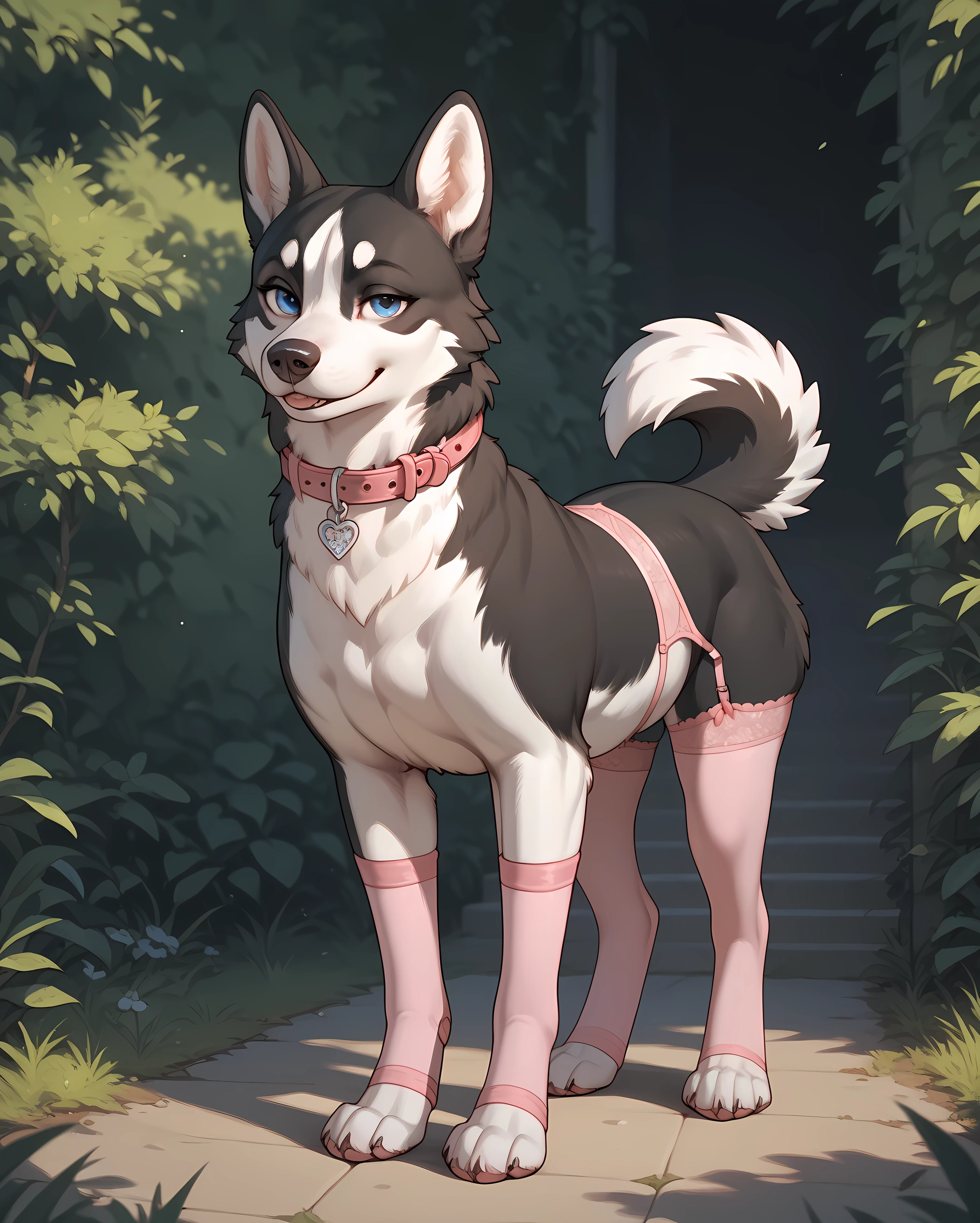 ((wild husky dog)), ((feral)), (quadruped), blue eyes, solo, standing, paws, collar, garter belt , Pink Stockings, looks at the viewer, seductive smile, score_9, score_8_up, score_7_up, score_6_up, score_5_up, score_4_up