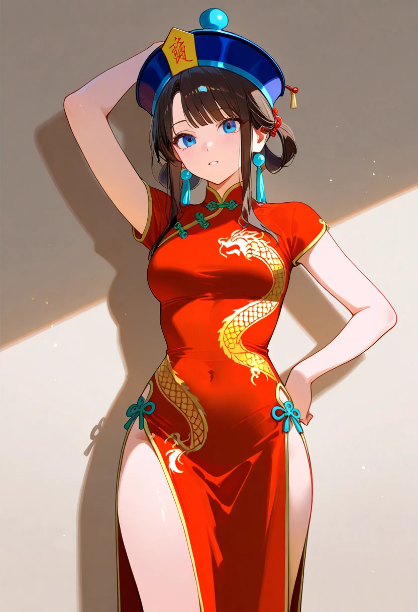 The best quality，Masterpiece，Final resolution，velloso，Very colorful，Cheongsam beauty，a milf，and cheongsam，kneeling pose，（Pointing at your ass），neck，anklets，high heels，high heels，correct posture
