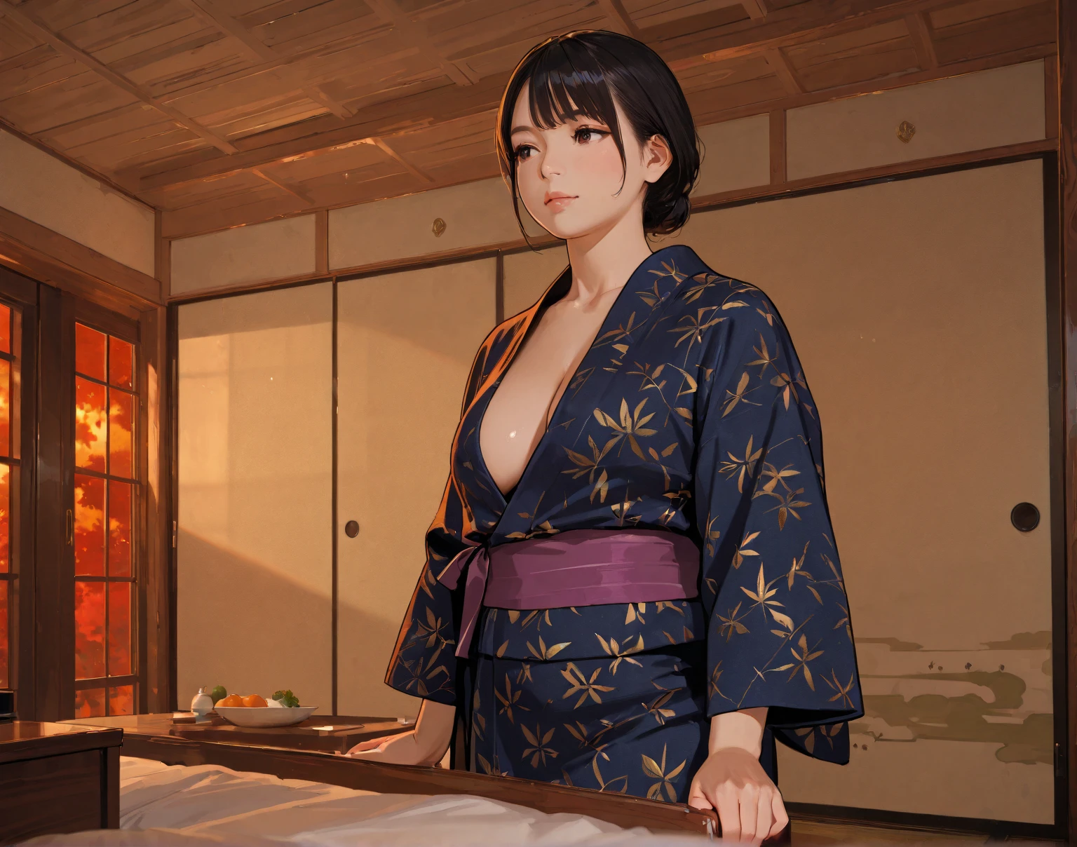 Wearing a kimono。Large breasts。The face and upper body are the main focus