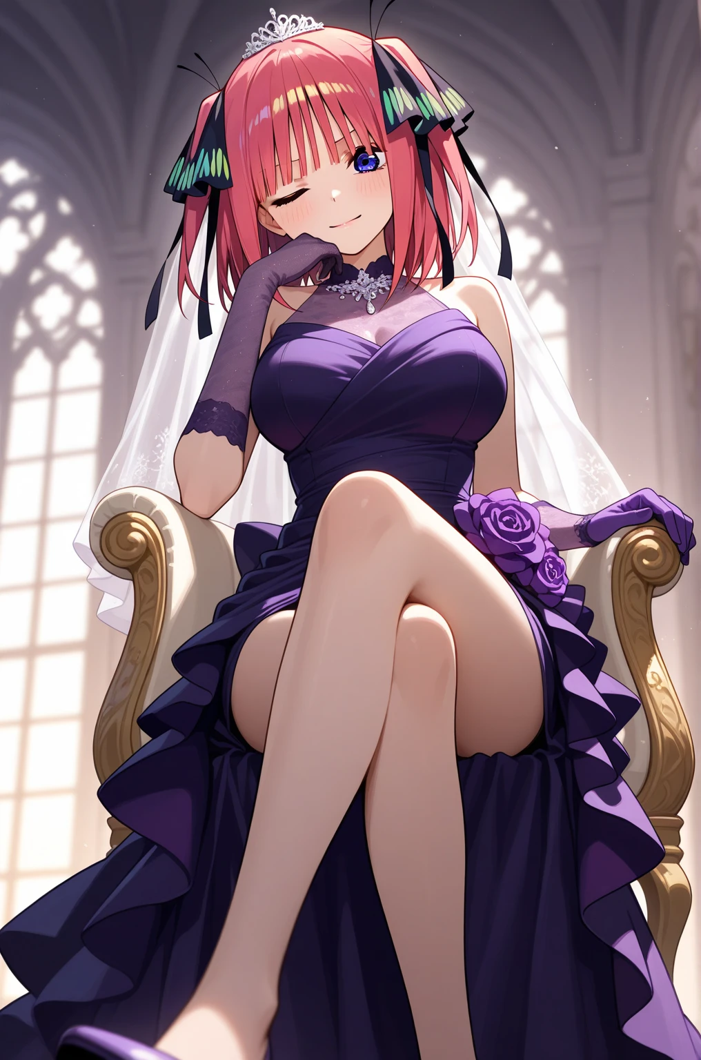 masterpiece, best quality, ultra-detailed, glistening shiny, glowing light, ray tracing, HDR, deph of field, (perfect face, detailed face), <lora:KayaBlanche:0.7>, 1girl, solo, kayablanche, purple eyes, low-tied long hair, ponytail, large breasts, wedding dress, high heels, full body