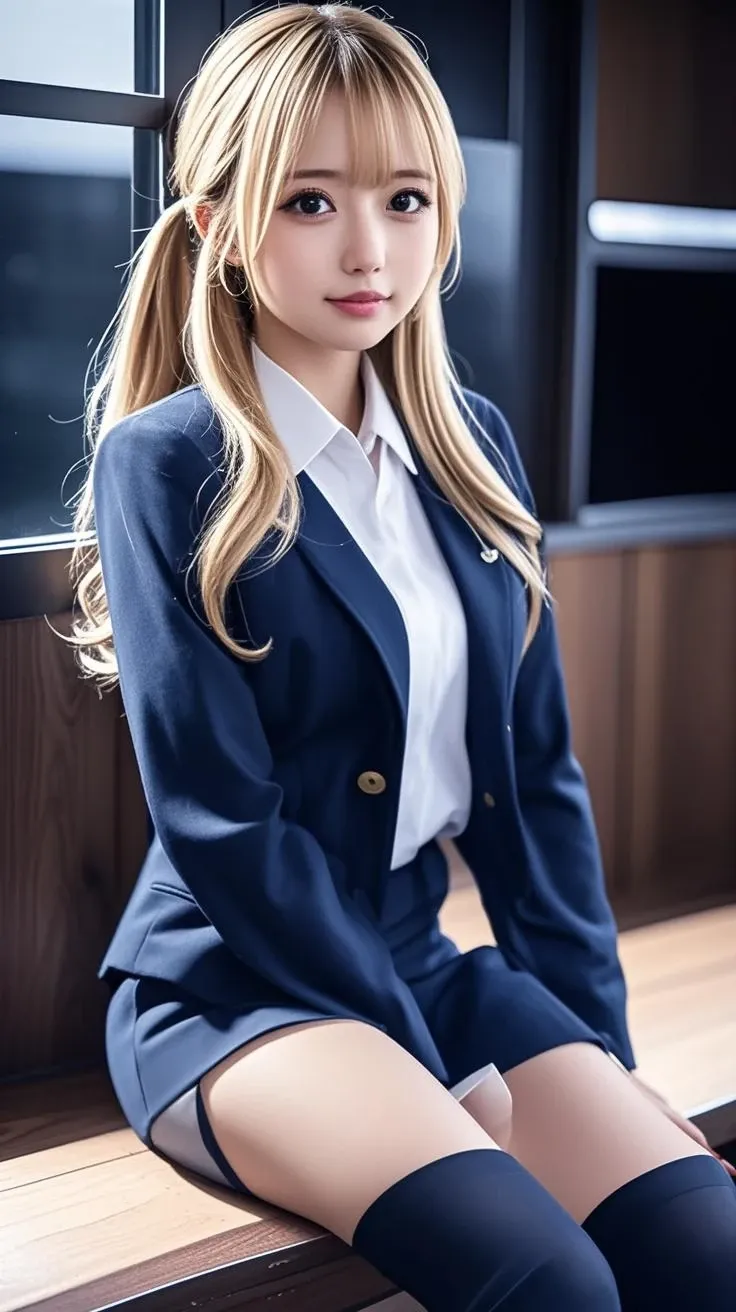 Best-quality, Masterpiece, Ultra-High-Resolution, (Photorealistic:1.4), Raw-Photo, Extremely-Detailed, Perfect-Anatomy, 

1girl, 18-years-old, the famous Japanese idol, front view, sitting on luxury chair, (((spread legs))), (((hands on head))), (((wearing only navy-blue-pleated-skirt and light-pink-extremely-sexy-small-panties on lower-body, wearing only navy-blue-blazer-with-all-buttons-buttoned-up on upper-body))), ((extremely cute face like a most popular Japanese idol, extremely beautiful large-black-solid-circle-eyes, extremely beautiful blonde hair)), extremely beautiful lips, extremely beautiful white skins, extremely beautiful long-eyelashes, extremely beautiful inner-thighs, extremely beautiful legs